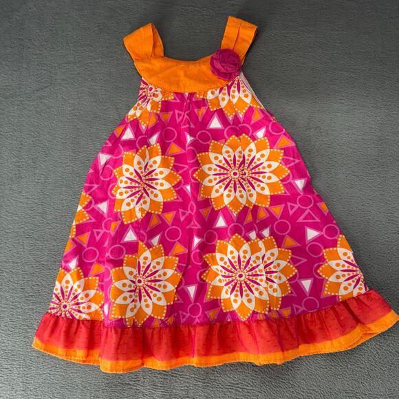 Penelope Mack Girl's‎ Dress Orange Pink Floral Print Ruffles Pleats Size 24MOS - Picture 1 of 10